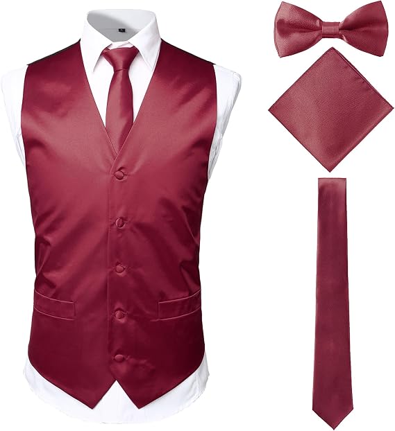 ZEROYAA Men's Shiny 4pc Vest Necktie Bowtie Pocket Square Set