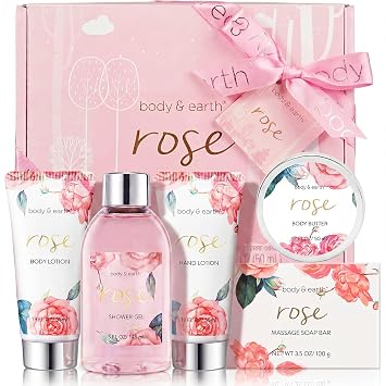 BODY & EARTH Spa Gift Set for Women - Luxurious 5 Pcs Bath and Body Box, Rose Scent, Includes Body Wash, Body Butter, Body Lotion and More, Birthday Mothers Day Gifts for Mom Self Care Kit for Her