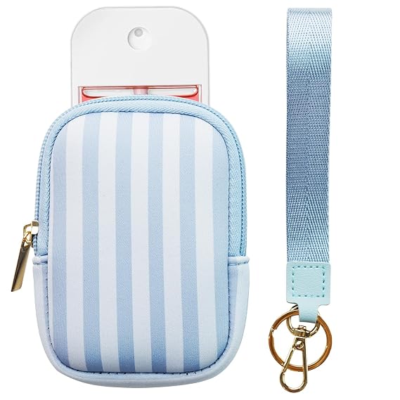 Elyndor Hand Sanitizer Spray Case, Compatible with Touchland 1 FL OZ/30 mL, Holder with Keychain for Travel Size, Makeup Bag (Blue Stripes)
