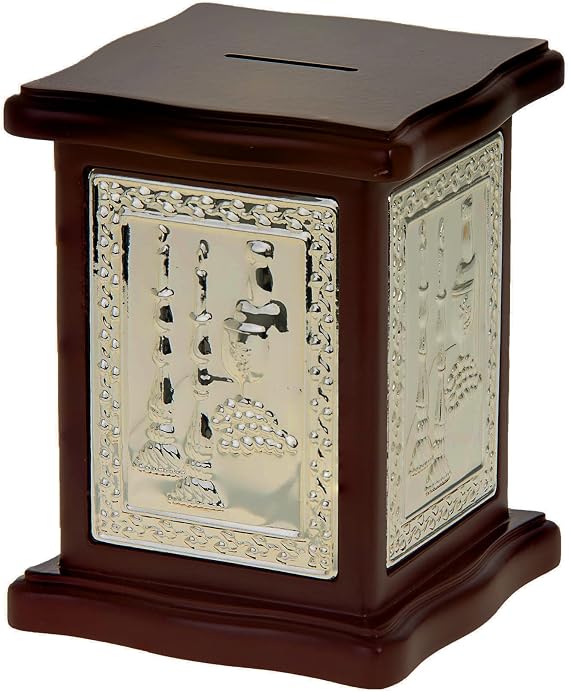 Wood & Silver Plated Tzedakah Box/Charity Box Designed with Shabbat Motifs.