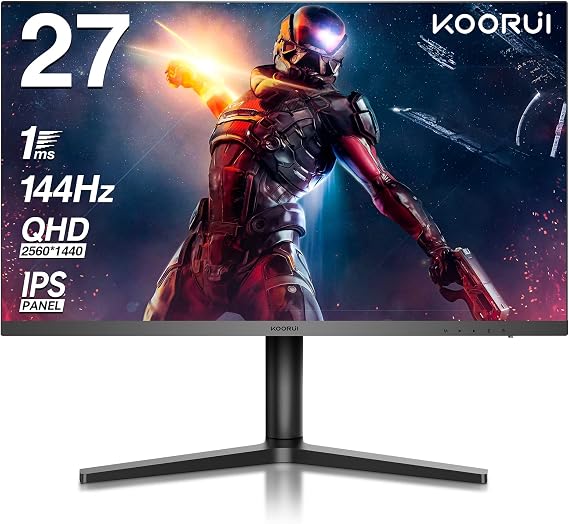 KOORUI 27E1Q Gaming Monitor, 27-Inch, QHD 144Hz, 1ms IPS Panel, Non-Glossy, DCI-P3, 90%, G-SYNC/FreeSync Compatible, Height Adjustment, Rotates Vertically and Horizontally, Gaming Monitor, HDMI X2, DP