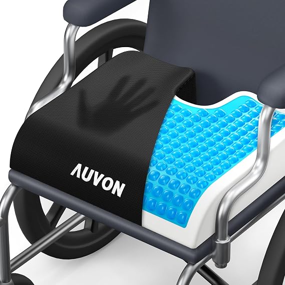 AUVON Gel Wheelchair Seat Cushion with Waterproof Cover, Ergonomic Chair Cushion with U-Cutout for Tailbone, Back Pain Relief, Memory Foam Cushion for Office, Anti-Slip, Buckle Strap