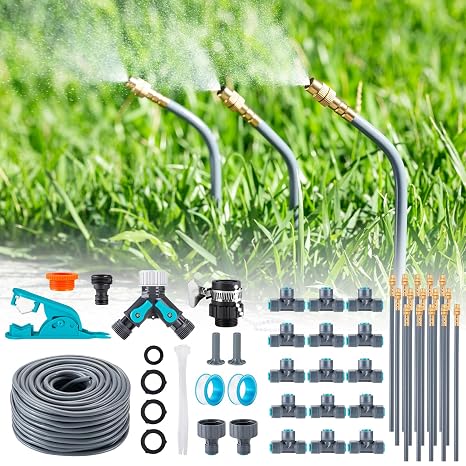 360° Bendable Adjustable Drip Irrigation System Kit, 65.6FT/20M Complete Garden Watering Misting Cooling Systems with 15 Pcs Brass Mist Nozzles and Hose Splitter for Yard Lawn Plants Flower Bed