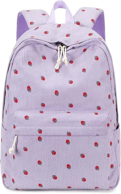 School Backpack for Teen Girls Bookbags Elementary High School Corduroy Laptop Bags Women Travel Daypacks, Corduroy Purple Strawberry, 13.5 x 6.3 x 17.5 inches
