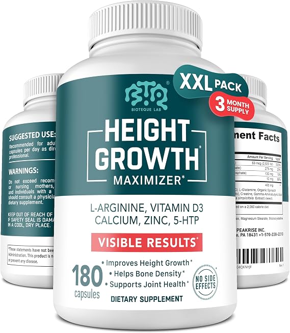 BIOTEQUELAB Height Growth Maximizer, Calcium, Vitamin D3 and Zinc Blend Pills, Bone Growth Supplement for Kids and Teens, Bone Strength, Density Support, GMO-Free, Gluten-Free, Made in USA, 180 Caps