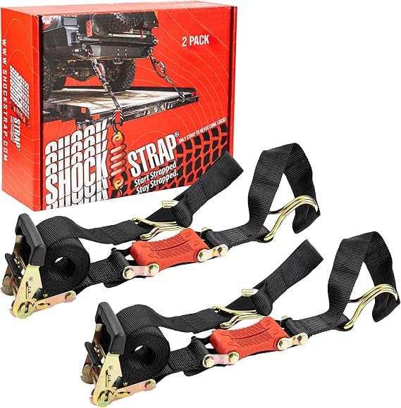 SHOCKSTRAP Ratchet Strap, 9 x 2 Shock Absorbing Heavy Duty Tie downs for Cargo, 2,000 LB WLL / 6,000 LB Break Strength, 2-Pack