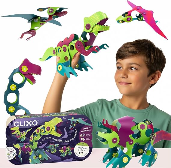 Clixo Dino Planet Pack, Prehistoric Dinosaur STEM Magnetic Toys (54 Pc, 4+)