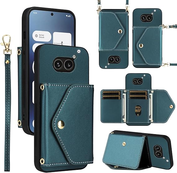 ウォレットケース Nothing phone2a リストランヤード付きショルダーストラップスリムフリップパース、高級PUレザークレジットカードホルダースタンドアクセサリー携帯電話カバー Phone2A 5G レディース メンズ グリーン