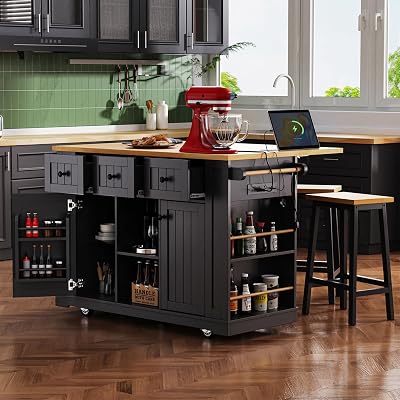 INCLAKE 53 Rolling Kitchen Island on Wheels with Drop Leaf, Island Table for Kitchen with Towel and Spice Rack, Kitchen Cart with Storage Cabinet and Drawers for Dining Room