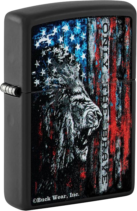 Zippo Lighter: Lion and Flag, Only the Brave - Black Matte 81501