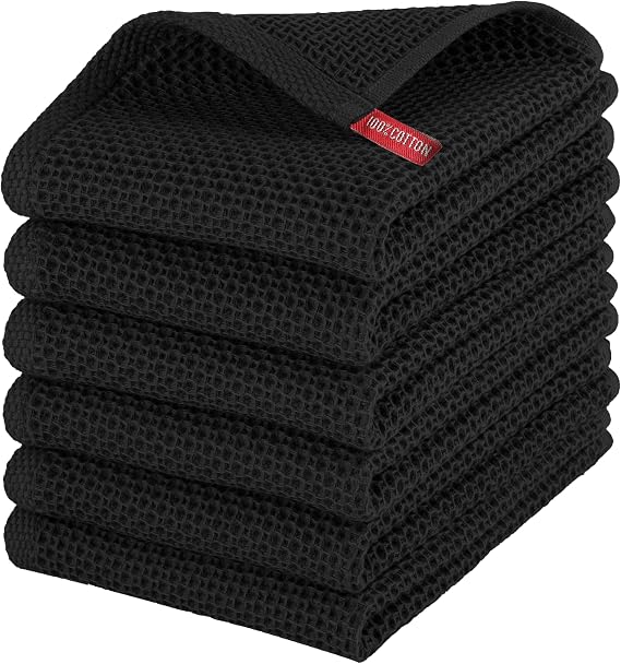 Elegant Comfort 100% Turkish Cotton 6-Pack Waffle Premium Kitchen Towels - Quick Drying and Super Absorbent Kitchen Dishcloth Towels, Ultra Soft Multi-Purpose Cleaning Towels, 16 x 25, Black