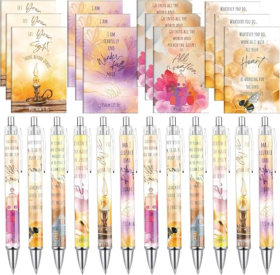 Christian Notebooks and Pens Set - 24 Pcs Scripture Ballpoint Pens and Bible Notepads Set Coloful Religious Inspirational Gift Bulk for Pastor Women Sunday School Teacher