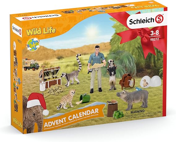 Schleich Wild Life Advent Calendar Surprise Animal Toy Set with Adventure Figurine - Wild Animal Playset with Baby Hippo, Cheetah, Lemur, Elephant, Meerkat, Scientist and More, Gift for Kids Ages 5+