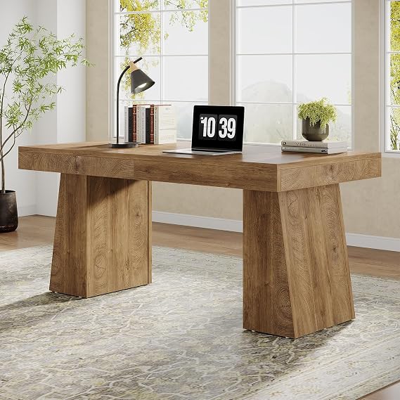 Tribesigns 55" Executive Desk, Wooden Office Desk with Double Pedestal, Modern Simple Computer Writing Table for Home Office, Light Brown