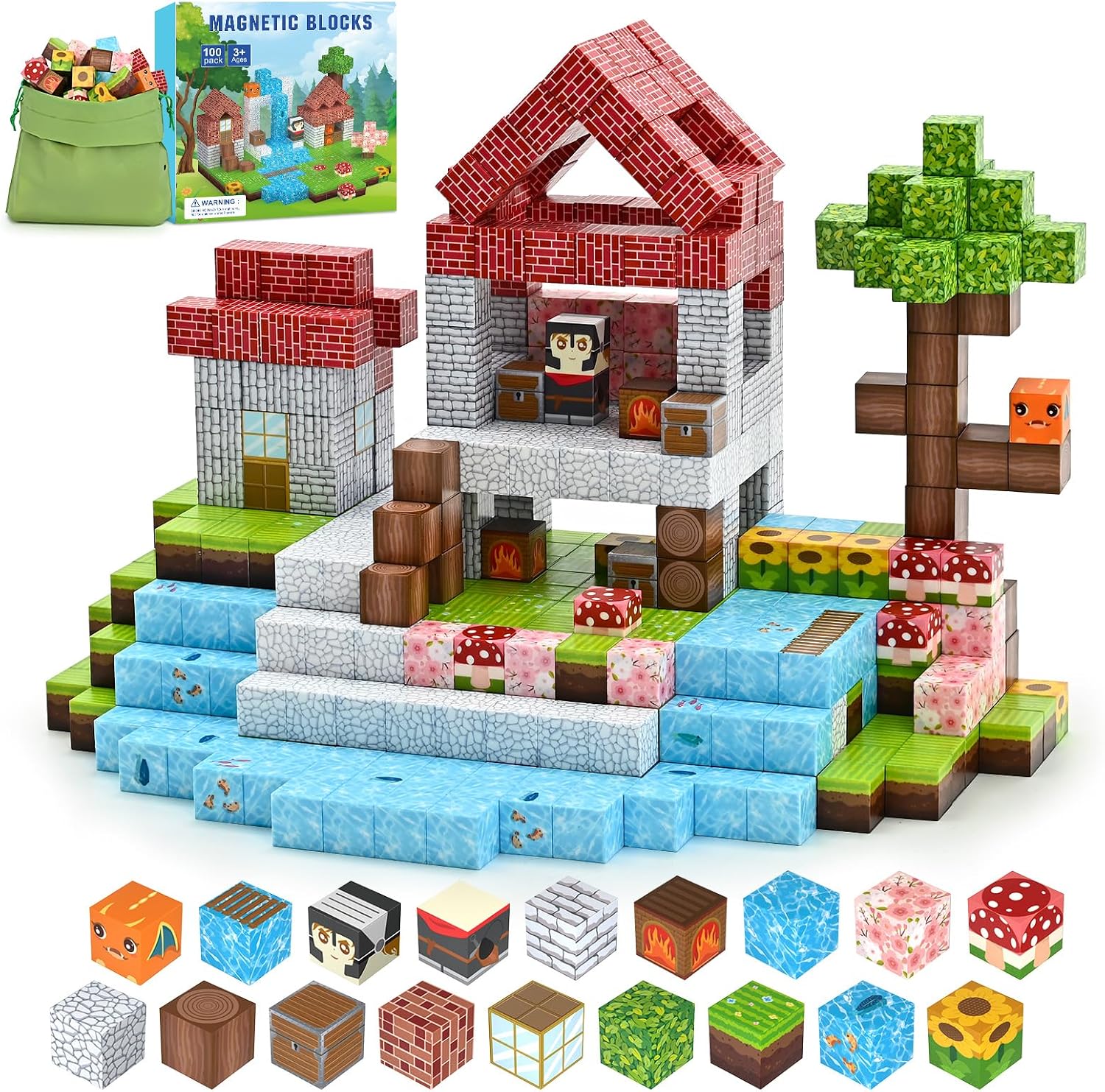 PINKCAT Magnetic Blocks 100 PCs Magnet Lawn House Set, Sensory Toys for Toddler Boy Girl, Fidget Cubes Construction Magnetic Kids Toys Gifts for Halloween, Christmas, Birthday