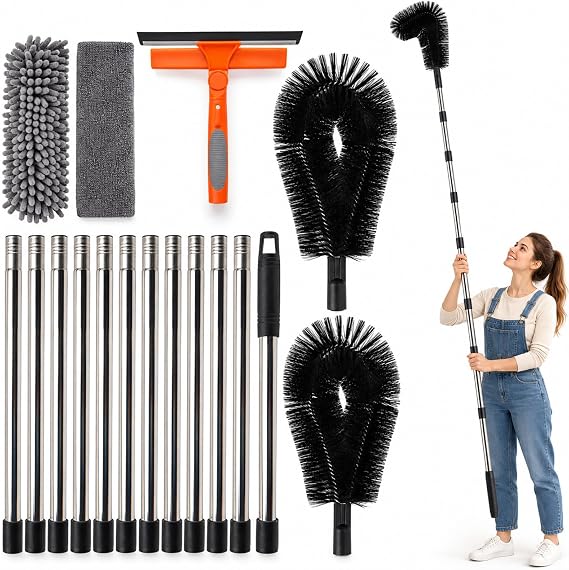 Gutter Cleaning Tools 2-in-1,14FT Long Reach,Adjustable Extension Pole