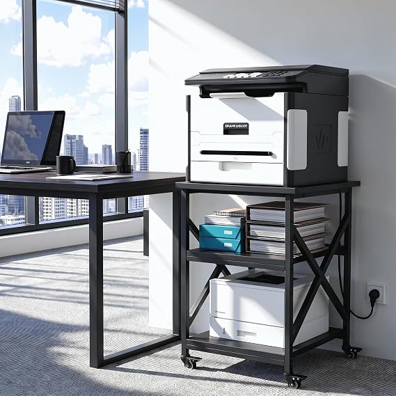 VOWNER Printer Stand with Power Outlet, Large 23.6"x23.6" Rolling Cart | 3 Tier Heavy Duty 3d Printer Cart with Height Adjustable Storage Shelf, Fit printer/fax/3d/scanner for Home Office