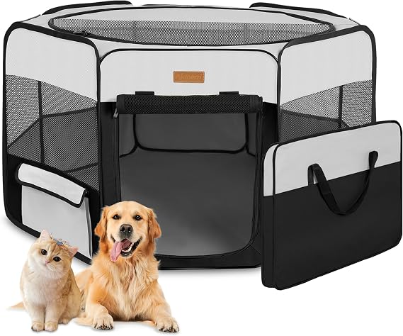 Akinerri Portable Dog Playpen, Foldable Pet Play Pen for Puppy Cat, Black | PopUp Dog Playpens Indoor & Outdoor, Waterproof Dog Kennel Cage, Removable Top, Travel Camping Playpen, Small Size
