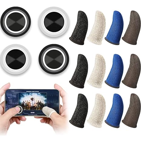 Weewooday 16 Pieces Phone Game Joystick Kits, 12 Gaming Finger Sleeve and 4 Touch Screen Game Control Joypads, Mobile Controller with Anti-sweat Thumb Sleeves for Phones Tablets