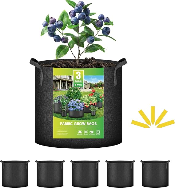 iPower GLGROWBAG3X5 3 gallon 5 pack grow bags fabric aeration pots container with strap handles for nursery and plants, 3 gallon, black.