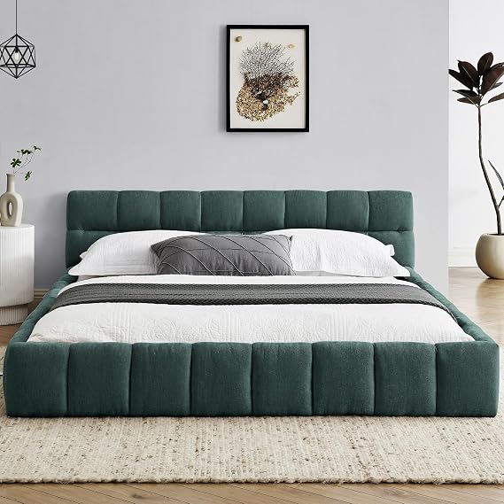Velvet Upholstered Bed Frame Queen&Bed Frame with Headboard,Soft Cloud Bed Frame&Wood Platform Bed,Shell-Shaped,Sturdy Slats,Heavy Duty 500 lbs,No Box Spring Needed,Easy Assembly (Blue-Green)