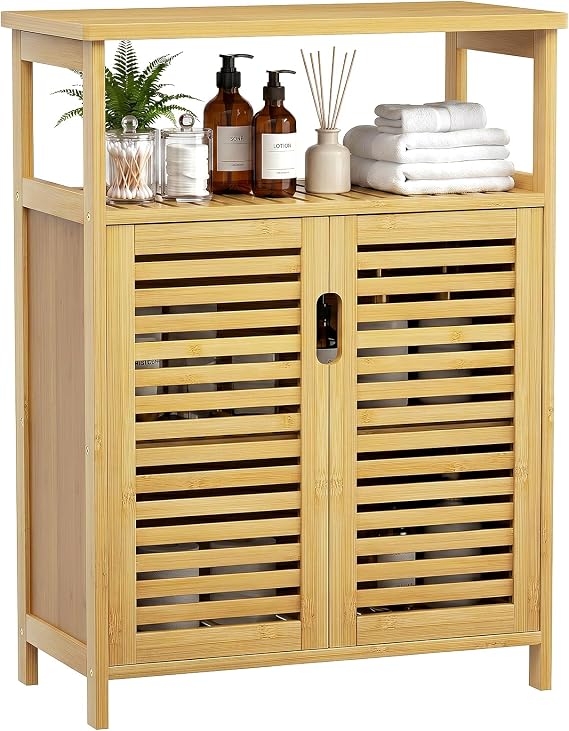 Bamboo Freestanding Bathroom Floor Storage Cabinet with Doors & Shelf