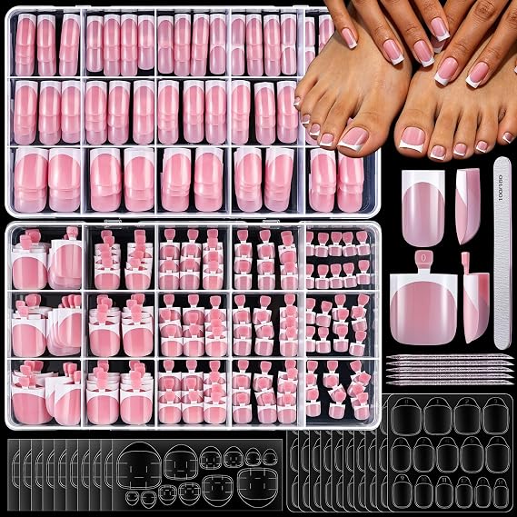 YGDZ 300PCS Press On Toenails & French Tip Press on Nails Kit, Short Press on Nails Square Fake Nails Toe, White French Tip Nail Tips Stick on Toenails for Women, 15 Sizes