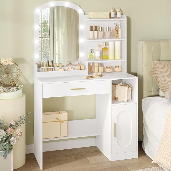 HEXCELEN Dressing Table with Oval Mirror, Dressing Table with LED Lights, Adjustable Brightness, Vanity Desk with Drawer, Cabinet and Open Compartments, Modern Bedroom Dresser, White