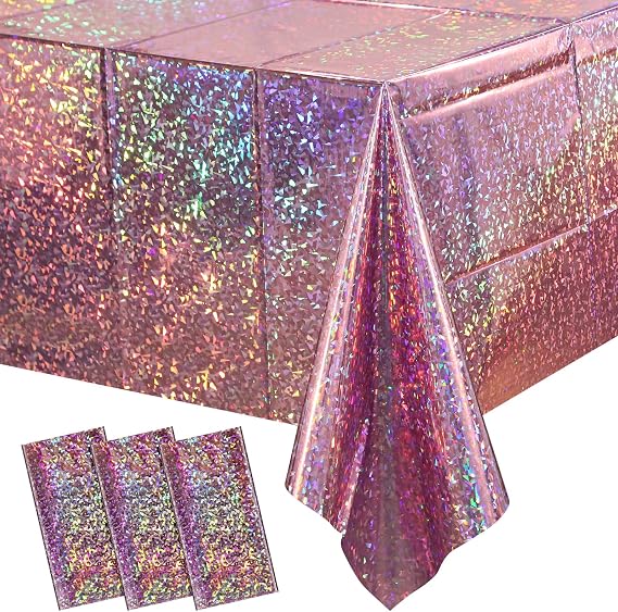 3 Pack New Iridescent Pink Tablecloth Party Decorations, Holographic Pink Glitter Plastic Tablecloth, Disposable Laser Rectangle Table Cover for Disco Birthday 70s Theme Party Decorations, 54x108 Inch