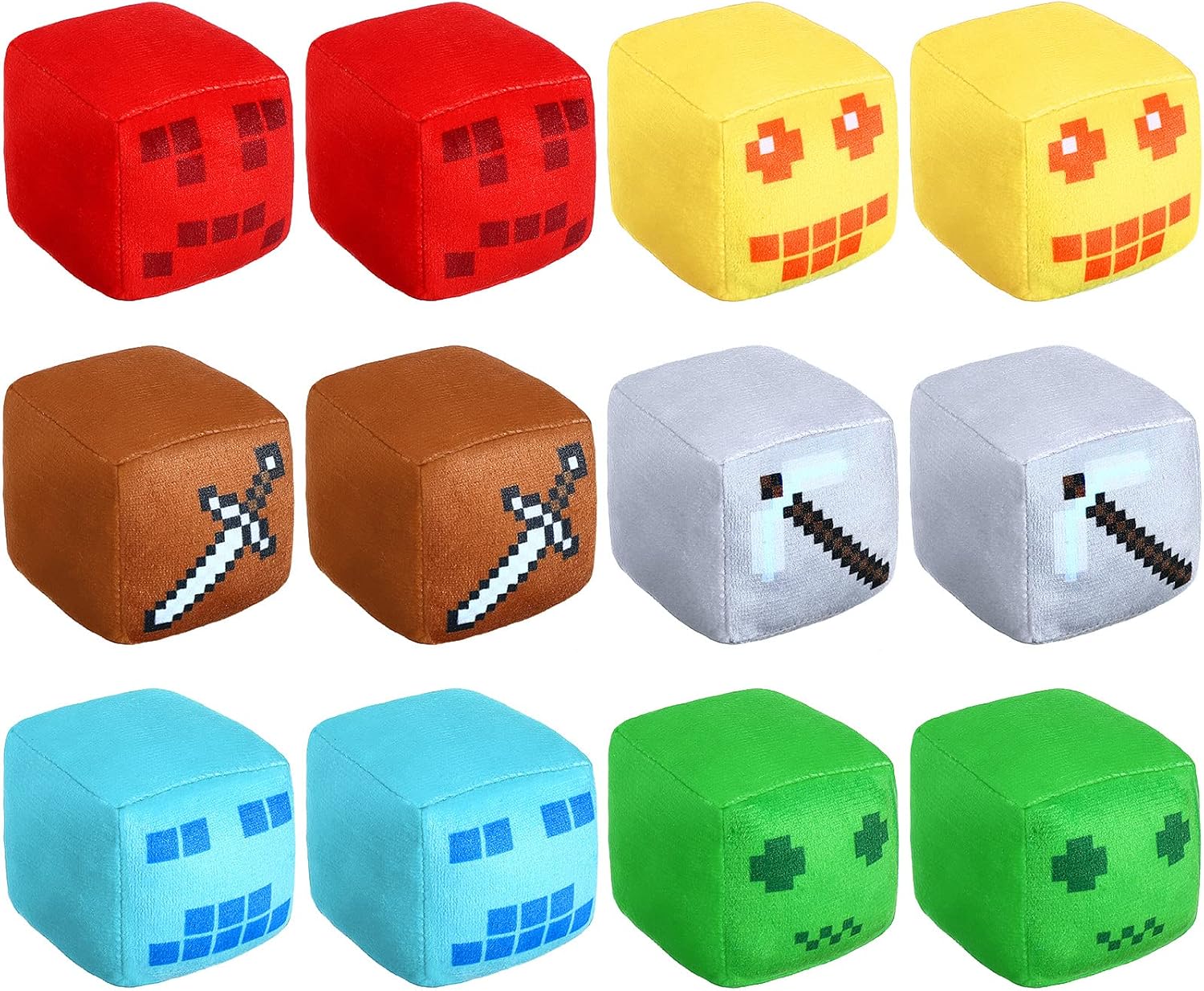 12 Pcs Pixel Plush Cubes - Soft Miner Game Stuffed Toys for Fans, Party Favors & Home Decor, 6 Styles