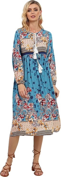 VintageClothing Women's Long Sleeve Bohemian Midi Dresses Summer Floral Retro V Neck Tassel Casual Dress