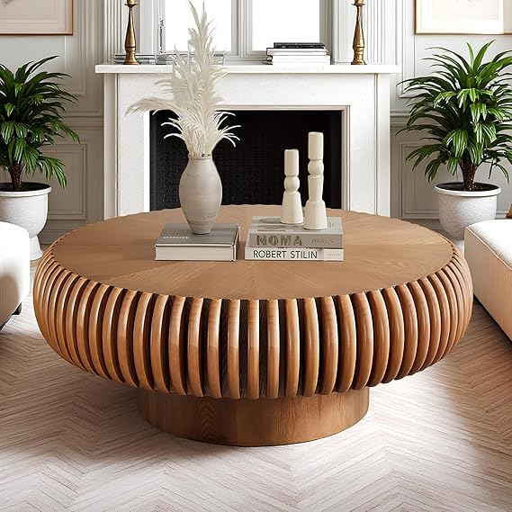 Fluted Round Coffee Table for Living Room 39.37" Modern Drum Coffee Table