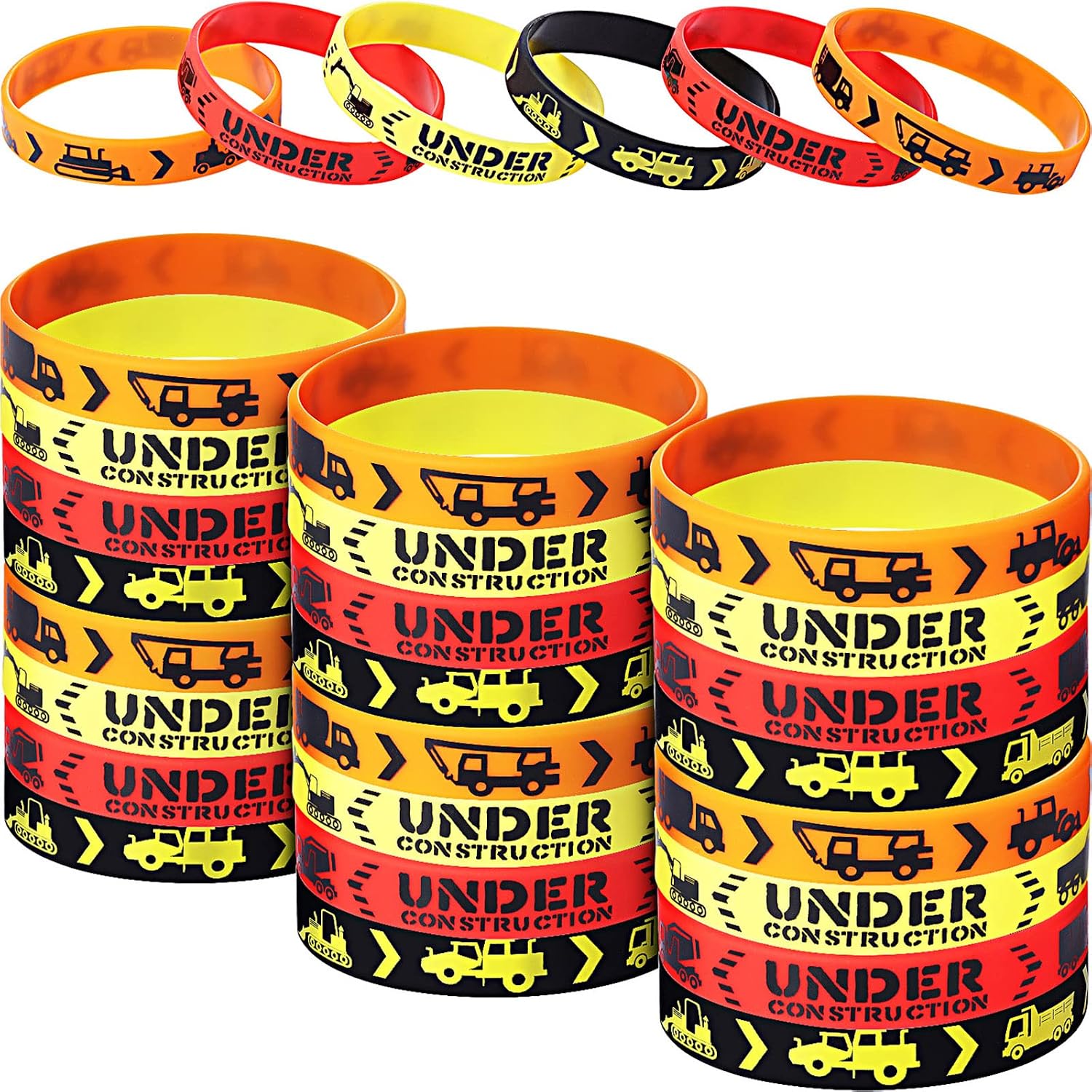 JOVITEC 48 Pieces Construction Party Favors Rubber Bracelets Construction Prizes Themed Birthday Party Supplies Silicone Wristbands Classroom Decor for Kids Birthday Gift