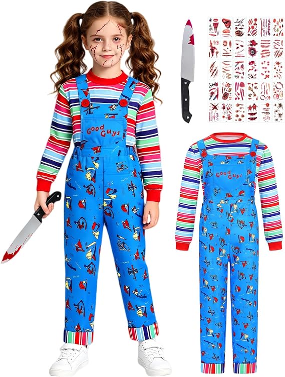 Kids Halloween Doll Killer Costume Boys Girls Blue Jumpsuit with Striped Shirt Scary Guys Cosplay Outfit Set