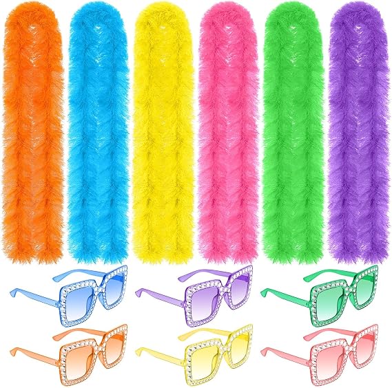 DERTE 12 Pcs Artificial Feather Boas Party Pack 6 Feather Boas 6.6ft with 6 Large Square Sunglasses for Birthdays Costume