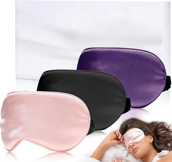 Eye Mask for Sleeping,3 Pack Silk Sleep Masks for Women Men-Blindfold for Travel on Airplane,100% Pure Silk Eye Mask for Sleep with Adjustable Strip(Black-Pink-Purple)