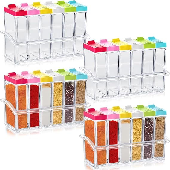 Maxdot 24 Pcs Spice Shaker Jars, Colored Plastic Seasoning Shaker Box with Lid and Tray Condiment Set Multi Container for Travel Camping Rack Spice Pots Storage Salt Sugar Cruet, Clear