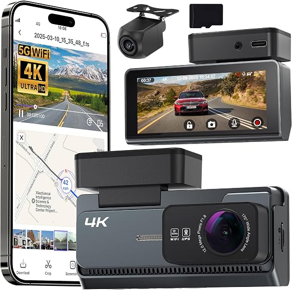 4K+2K Dash Cam Front and Rear, 5G WiFi GPS, 32GB Card, 3.39" Screen