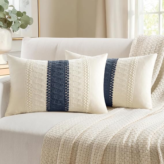 Set of 2 Navy Blue Boho Coastal Decorative Throw Pillow Covers 12x20 Inch Lumbar Farmhouse Cotton Cushions Modern Home Decor for Livingroom Bedroom Couch Bed Sofa Chair