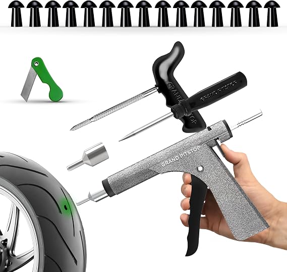 GRAND PITSTOP Tubeless Tire Gun Puncture Repair Kit with Mushroom Plug for Tyre Punctures and Flats on Cars, Motorcycles, ATV, Trucks & Tractors (Gun Kit 15 Plugs Antic Silver)