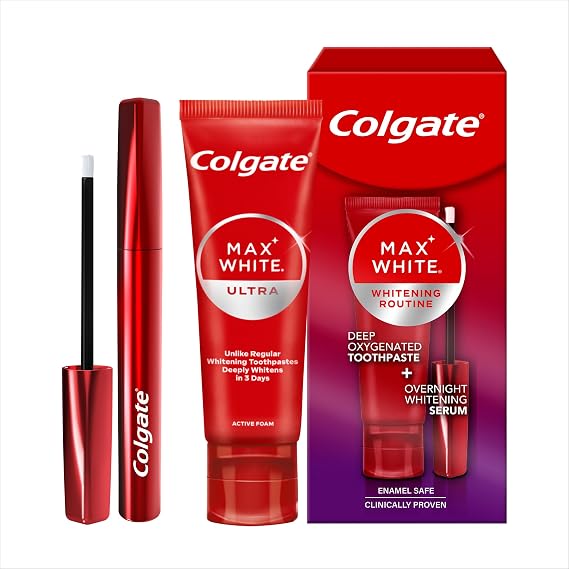 Colgate Max White Teeth Whitening Kit | Overnight Whitening Serum 2.5ml & Max White Ultra Active Foam Toothpaste 75ml, Stain Removal and Enamel Safe Whitening