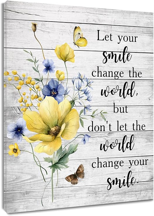 LB Funny Inspirational Wall Art,Blue Yellow Floral Bathroom Decor,16x20inch