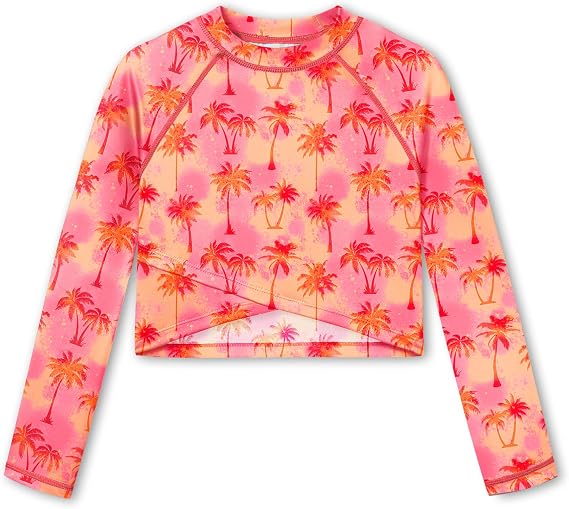BesserBay UV Swim Shirt for Girls Mock Neck Fishing Shirt Long Sleeve Swim Top Pink Tie Dye | Palm Tree 7-8 Years