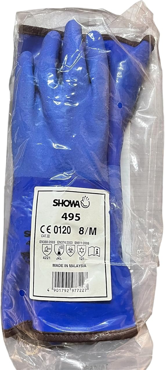 LEE FISHER SPORTS SHOWA Atlas 495 Fully Coated Triple-Dipped PVC Glove, Insulated Seamless Acrylic Liner, Chemical Resistant, 12" Length, Medium, Blue