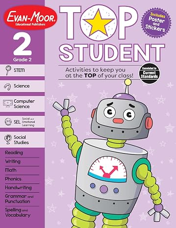 Evan-Moor Top Student Grade 2 Full-color Workbook, Stickers, STEM, Reading, Writing, Science, SEL, Social Studies, Mindful Moments with Audio Support