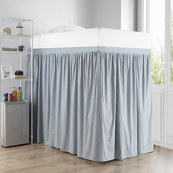 Extended Dorm Sized Cotton Bed Skirt Panel with Ties (3 Panel Set) - Faded Denim (for Raised or lofted beds)