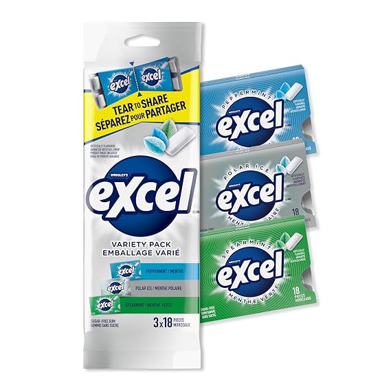 Excel Variety Pack, Sugar Free Chewing Gum, Multipack, 3 Packs, 18 Pellets Per Pack, Multi