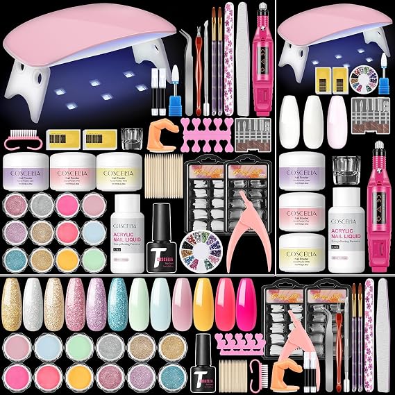 Coscelia Acrylic Nail Kit with Everything for Beginner with Drill and U V Light Professional, 12Pcs Glitter Decoration Powder Nails Acrylic Set Art Starter Manicure