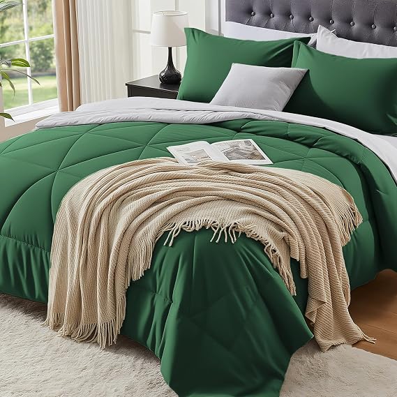 BEDELITE Twin Comforter Set 5 Pieces, Reversible Dark Green Bed in A Bag