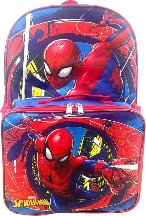 Ruz Spiderman Boy's 16 Inch Backpack With Removable Matching Lunch Box Set (Blue-Blue-Red)